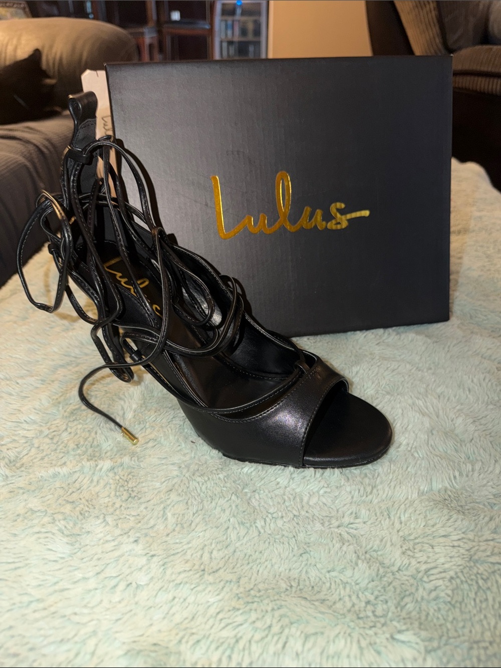 Lulu's Black Lace-Up Open Toe Stiletto Heels